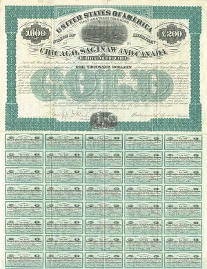 Chicago, Saginaw and Canada Railroad Co. - 1873 dated $1,000 Railway Gold Bond